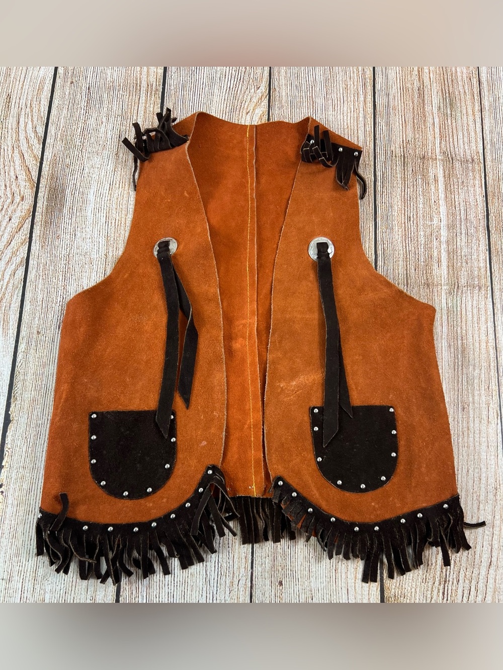 Vintage Kids Cowboy Western Suede Leather Vest Fringe Costume Youth Size Large